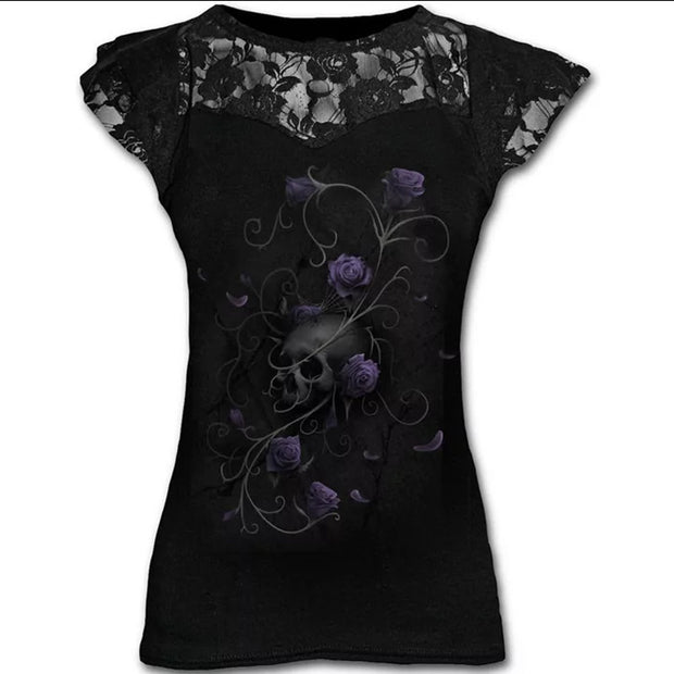 Dark Rose Skull Printed Lace round Neck Women's T-shirt