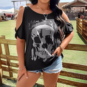 Gothic Style Skull Print Strapless round Neck Loose T-shirt