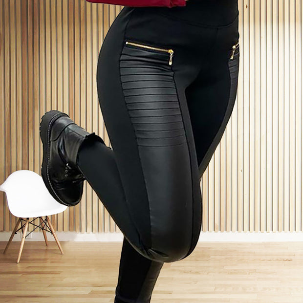 Contrast Color Imitation Leather Glossy Stitching Trousers