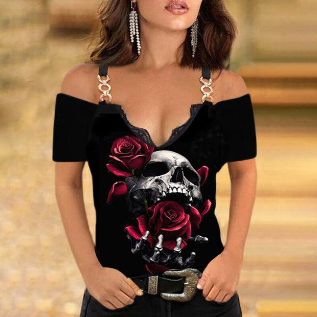 Gothic Rose Skull Print Slim Ring off-the-Shoulder Strap T-shirt