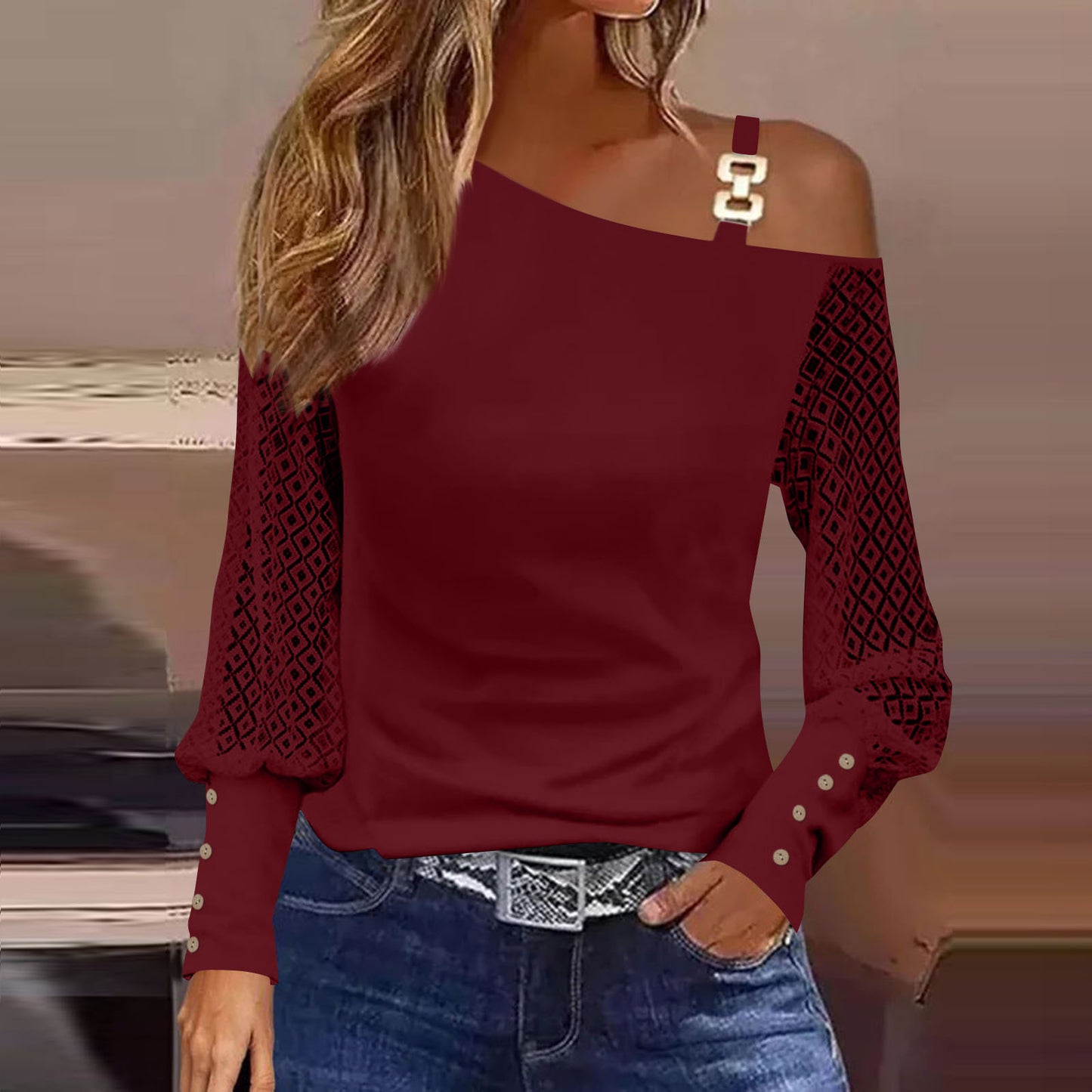 Women's Lace Long-Sleeved off-Shoulder Solid Color T-shirt