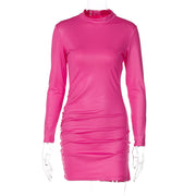 Imitation Leather Pleated Slim Fit round Neck Long Sleeves Dress