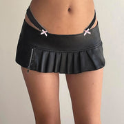 Bow Contrast Color Low Waist Hollow Zipper Ultra Short Leather Skirt