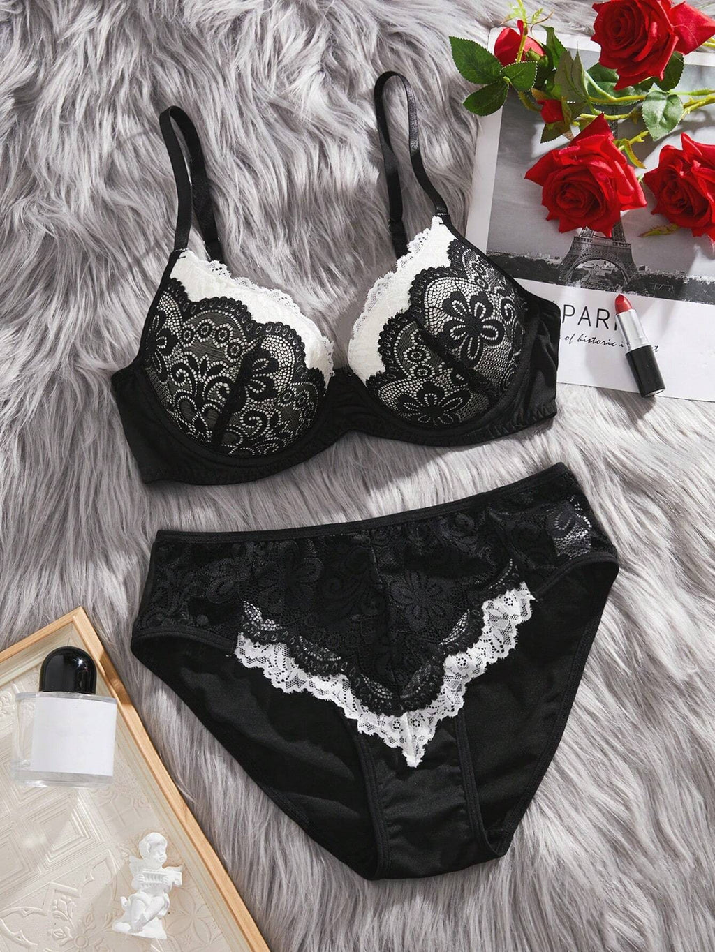 Christmas Sexy Color Block Lace Push up Bra 2-Piece Set