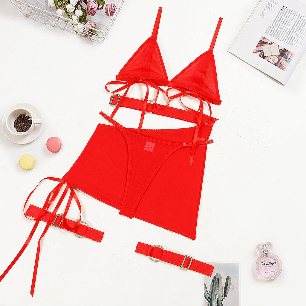 Sexy Mesh Drawstring Bra Skirt Four-Piece Set