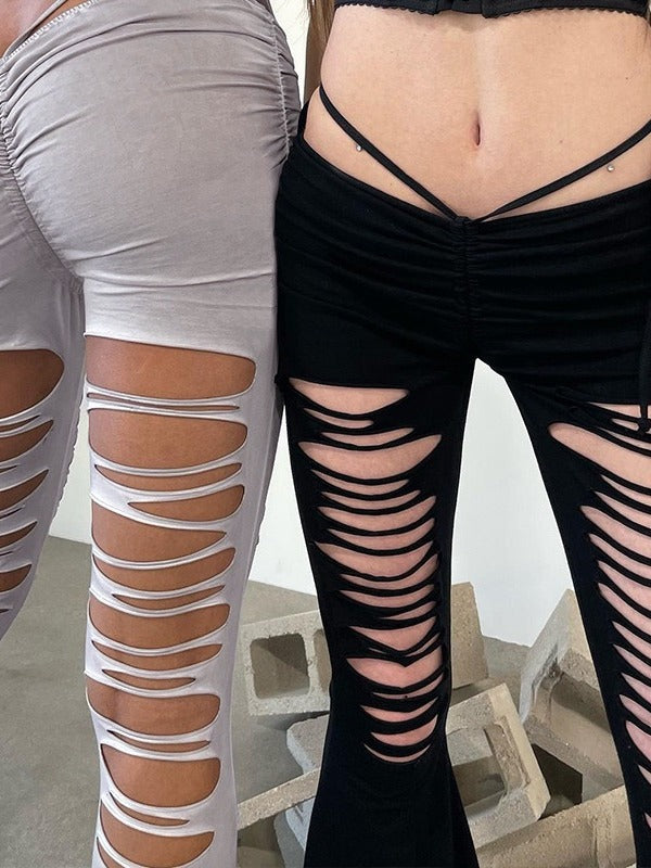 Sexy Lacing Hollow-out Ripped Flared Pants