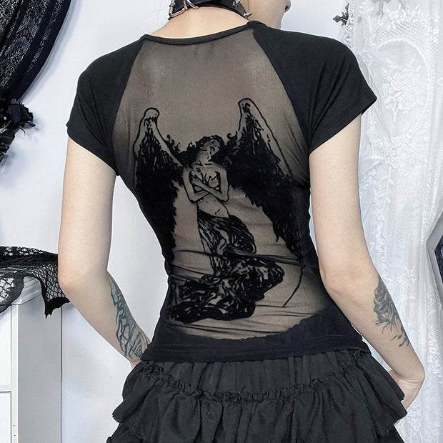 T-shirt imprimé floqué transparent de style sombre gothique 