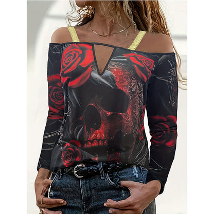 Fashion Skull Print Hollow out Stitching Long Sleeve Top