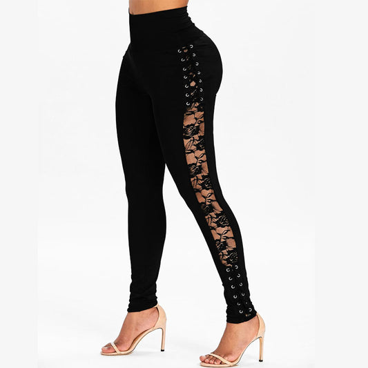 High Waist Lace up Lace Hip Lifting Stretch Leggings