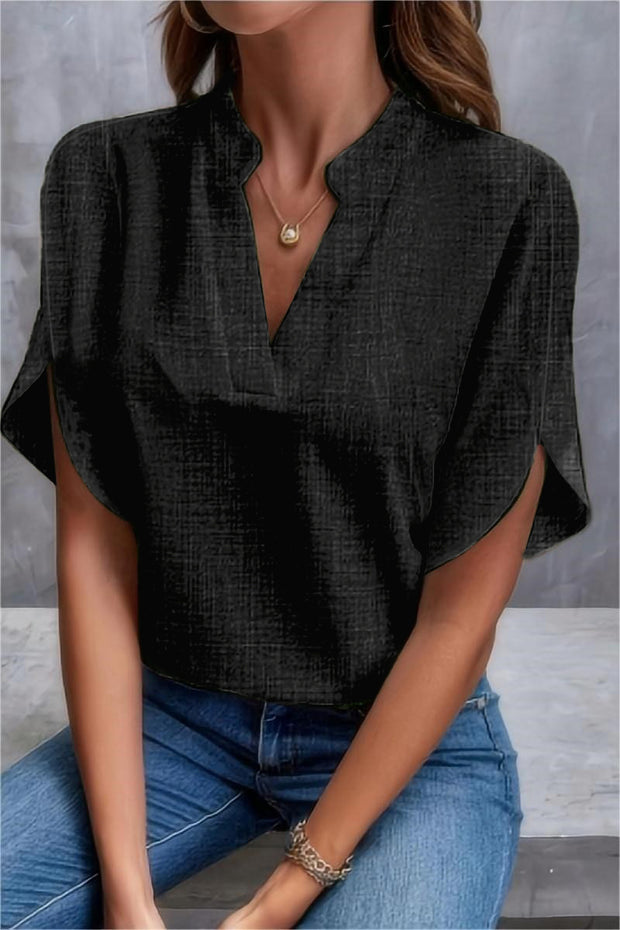 Casual Solid Color and V-neck Loose Linen Top