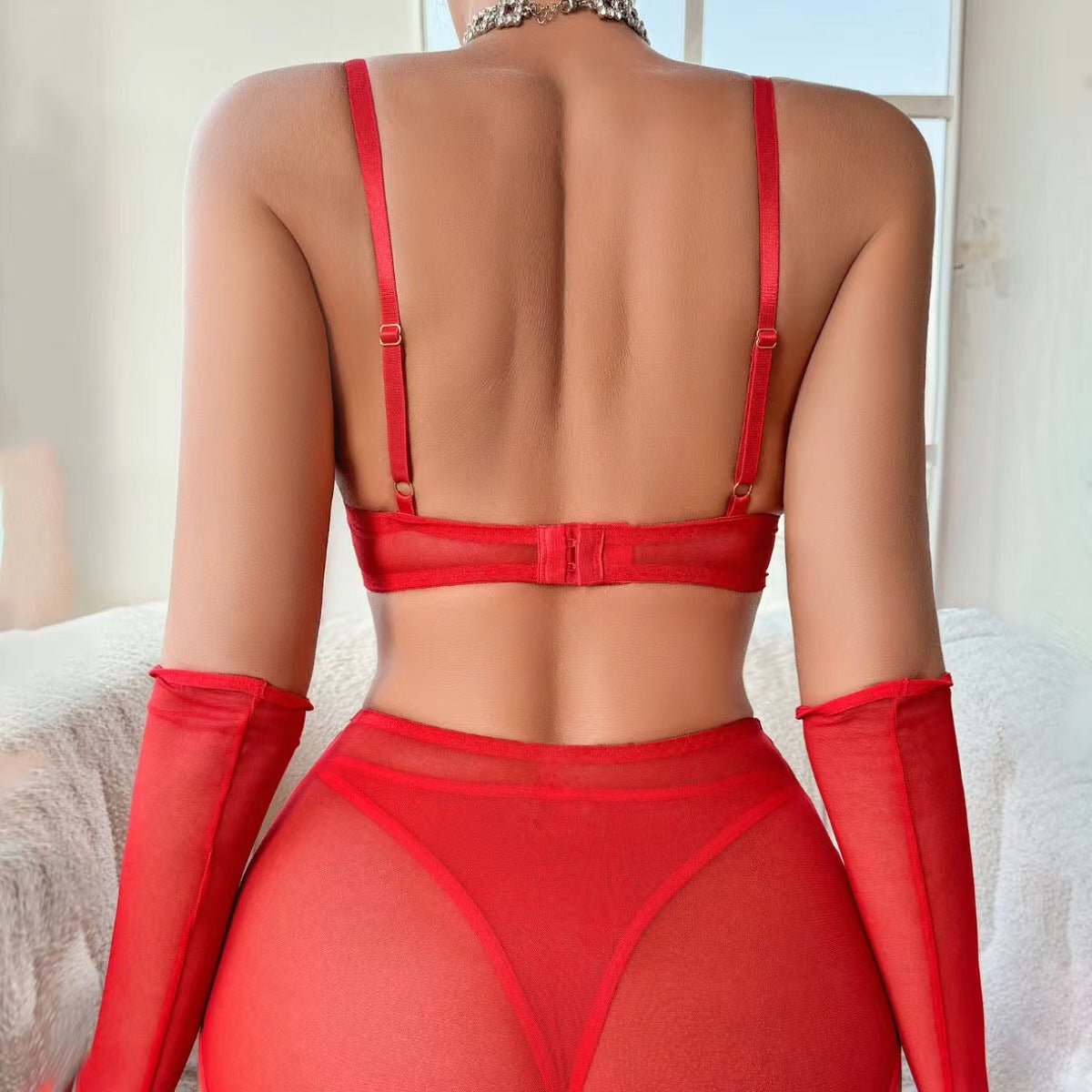 Sexy Love Metal Chain Stitching See-through Underwear Suit