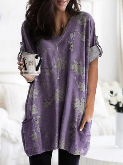 Casual Flower Printed Long Sleeve V-neck T-shirt