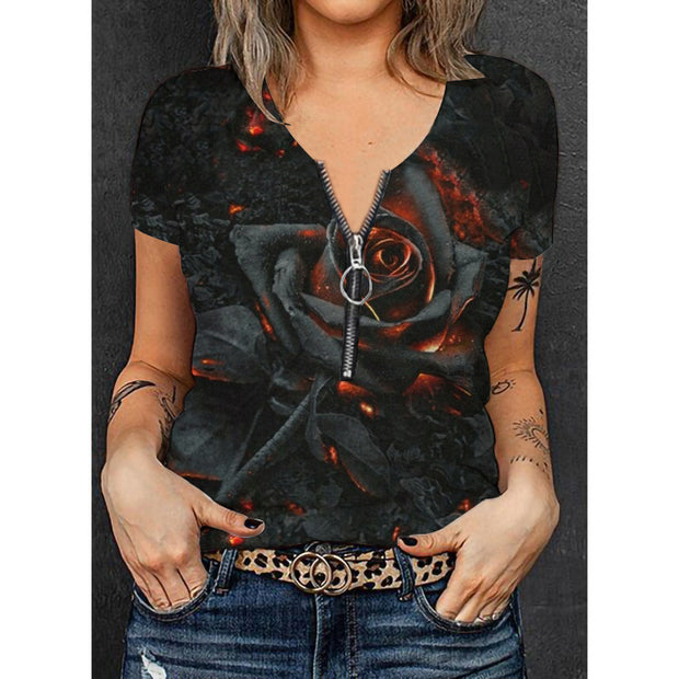 Dark Flame Rose Print Zipper V-neck Short Sleeve T-shirt