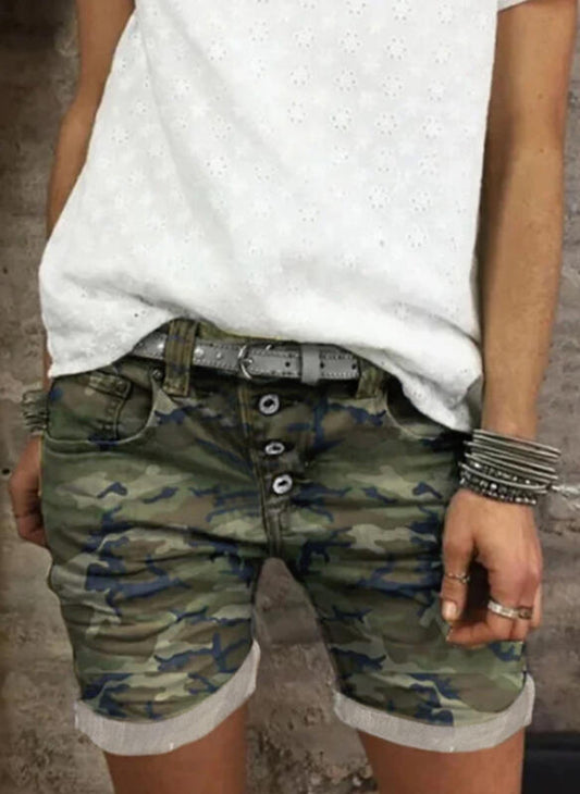 Multi-buttoned Camouflage Denim Shorts