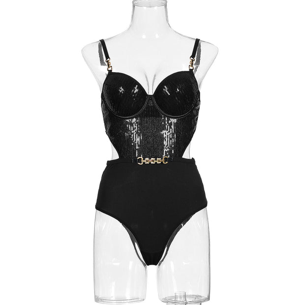 Sexy Steel Ring Push up Sequin Splicing Mesh Midriff Outfit Body Shaping Sleeveless Jumpsuit