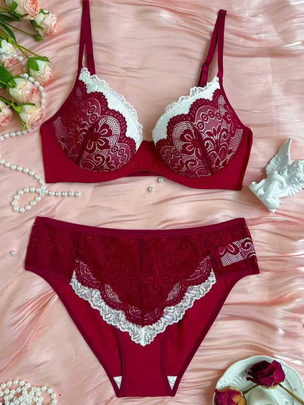 Christmas Sexy Color Block Lace Push up Bra 2-Piece Set