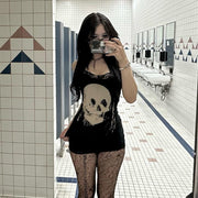 Dark Skull Printed Lace Stitching Suspender Skirt
