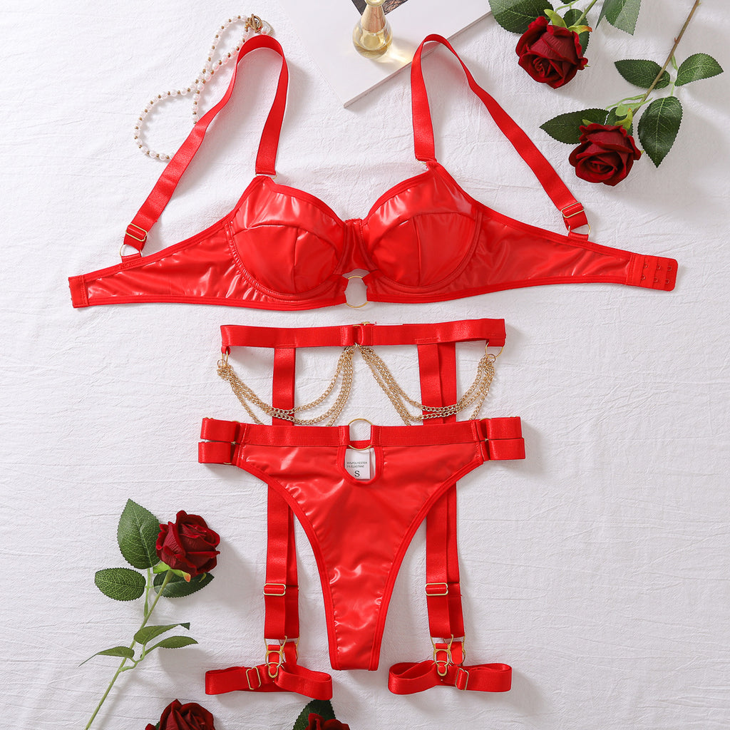 Sexy Patent Leather Adjustable Bra Three-Piece Set