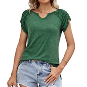Einfarbiges, lockeres, plissiertes Kurzarm-T-Shirt mit U-Ausschnitt