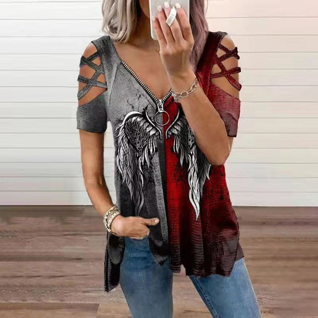 Sexy Contrast Color Wings Printing V-neck Zipper Cross Hollow Short Sleeve T-shirt
