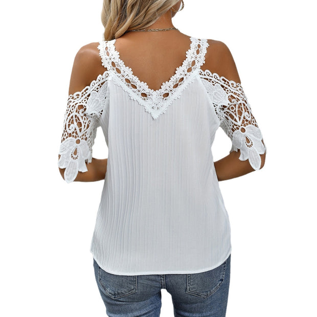 Solid Color Sexy Lace Lace-Collared off-Shoulder Bloom