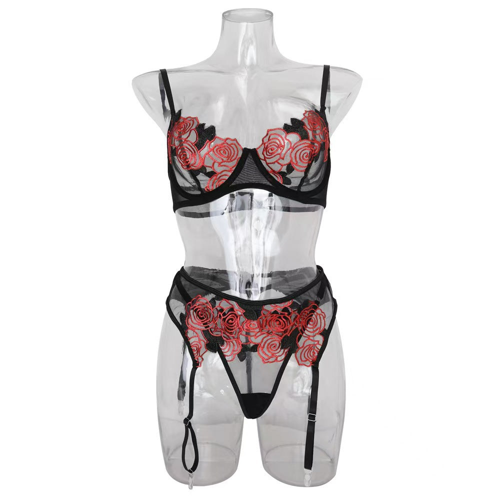 Lace Embroidered Ribbon Steel Ring Push-up Underwear Set