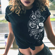 T-shirt gothique à manches courtes imprimé Skull Rose Line 