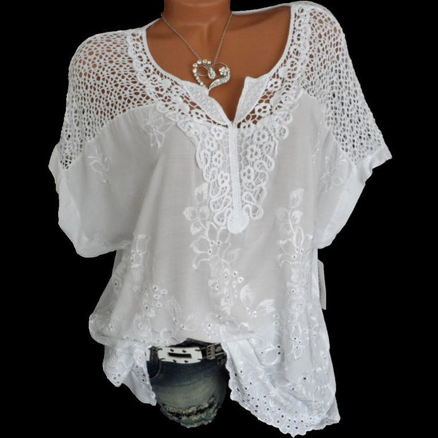 Sexy Cutout Lace V-neck Embroidery Short Sleeve Batwing Shirt