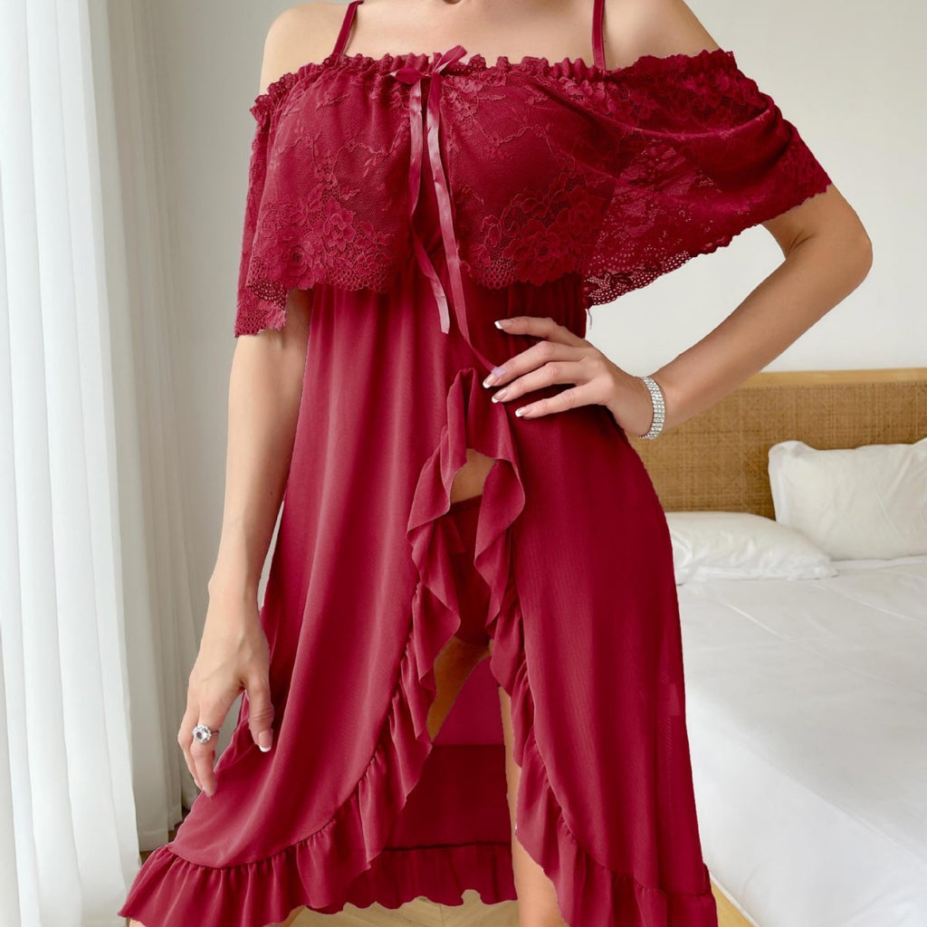Plus Size Lace Bow Slim Nightdress2 Piece Set