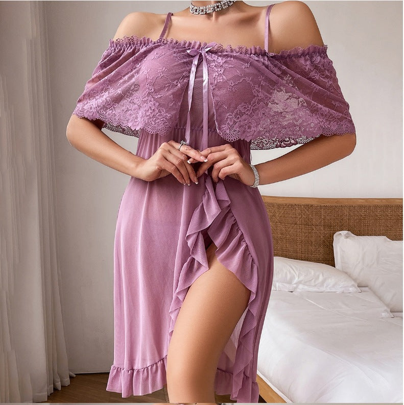 Plus Size Lace Bow Slim Nightdress2 Piece Set