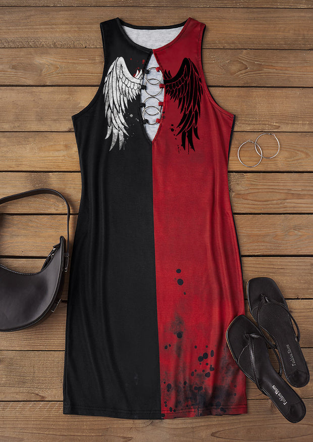 Kleid mit kontrastfarbenem Flügel-Print und hohlem Ring