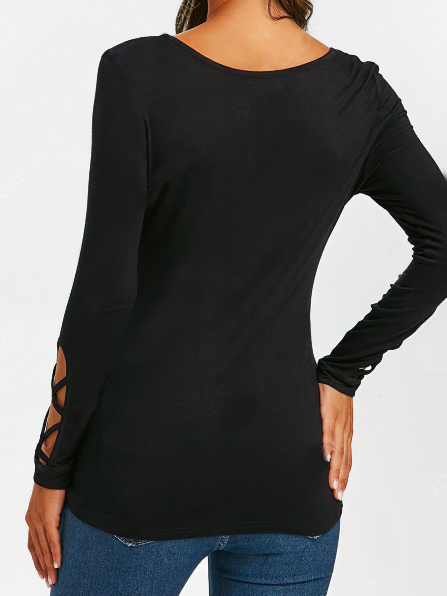 Sexy Solid Color Cross Strap V-neck Long Sleeve Tops