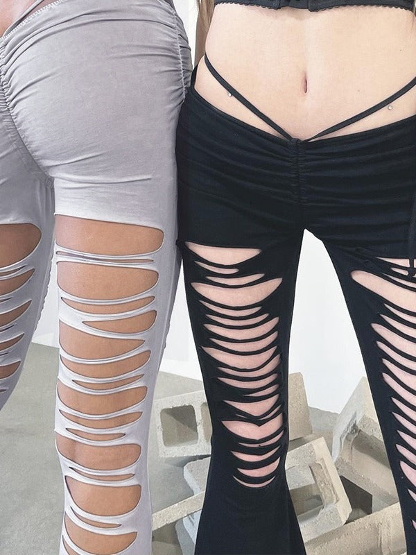 Sexy Lacing Hollow-out Ripped Flared Pants