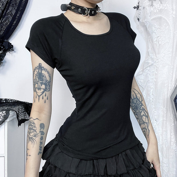 Durchsichtiges, rückenfreies T-Shirt im dunklen Gothic-Stil mit beflocktem Aufdruck 