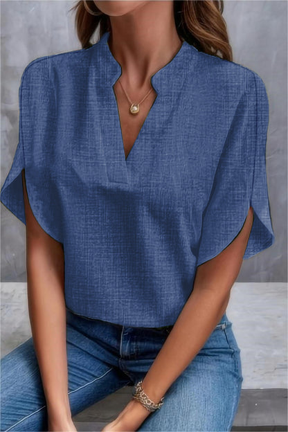 Casual Solid Color and V-neck Loose Linen Top