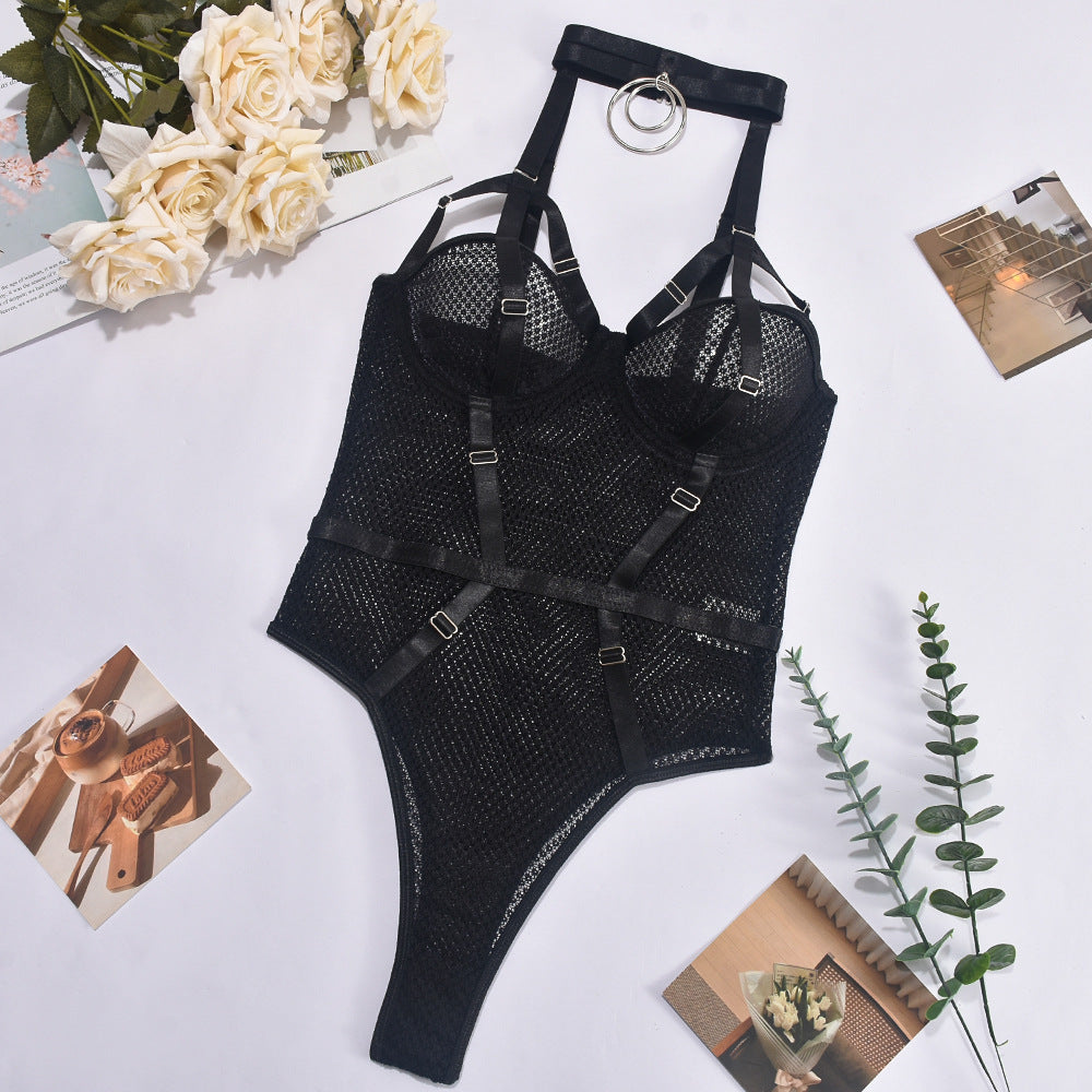 Sheer Mesh Metal Buckle Sexy Siamese Underwear Neck Ring Suit