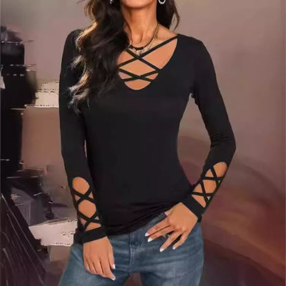 Sexy Solid Color Cross Strap V-neck Long Sleeve Tops