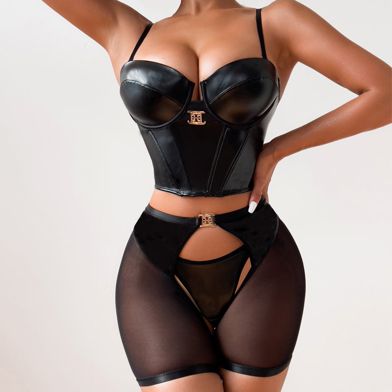 Sexy Patent Leather Shaping Bra Three-Piece Set
