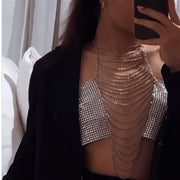 Party Rhinestone Inlaid Diamond Cloth Tassel Chain Connecting Halter Top