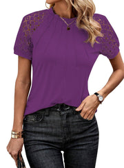 Solid Color round Neck Lace Stitching Short Sleeve Top
