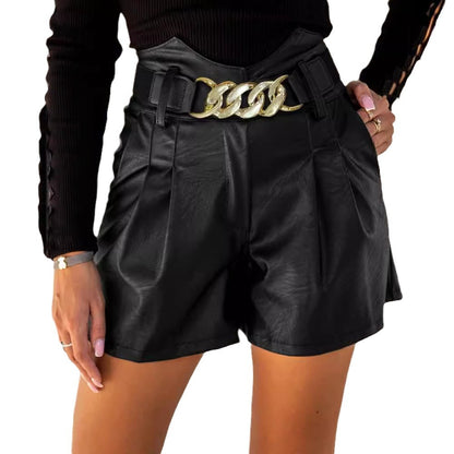 Ledershorts mit Kettenstich und hoher Taille