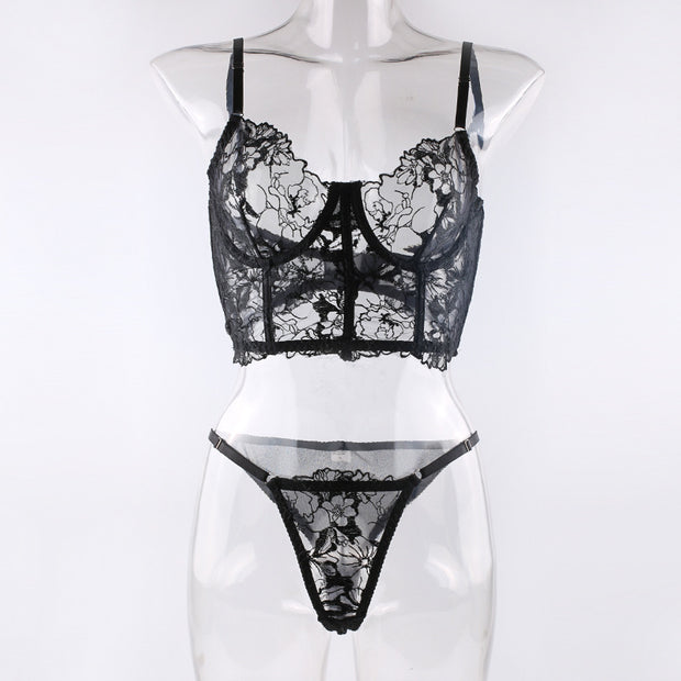 Sexy See-through Embroidered Ribbon Steel Ring Fishbone Underwear Suit