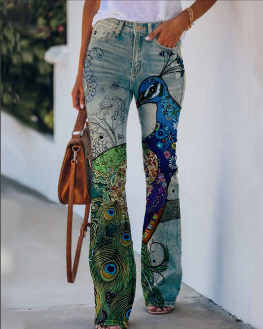 Green Peacock Print Stretch Pants