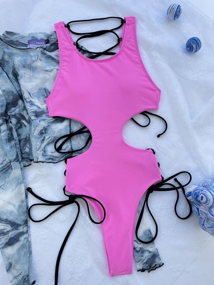 Sexy Cross Rose Print Backless Lace up Swimsuit