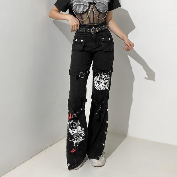 Pantalon en denim taille haute multi-poches imprimé gothique