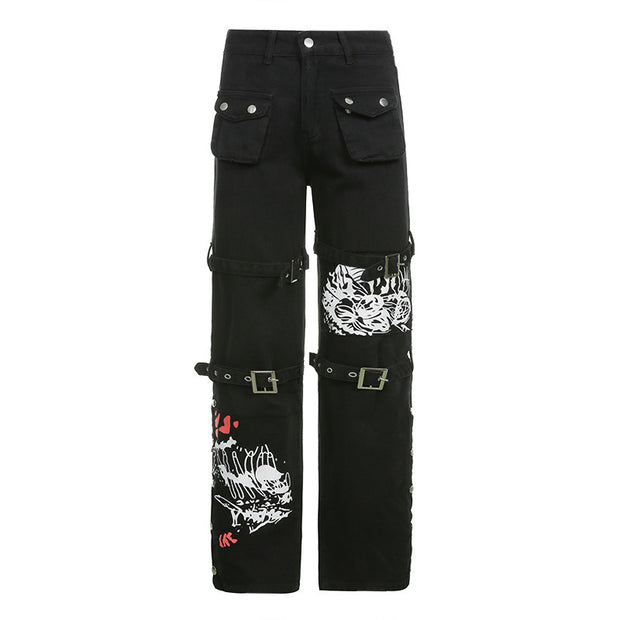Gothic Printed Multi-Pocket High Waist Denim Trousers
