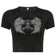Gothic Wings Printing Contrast Color Tight T-shirt