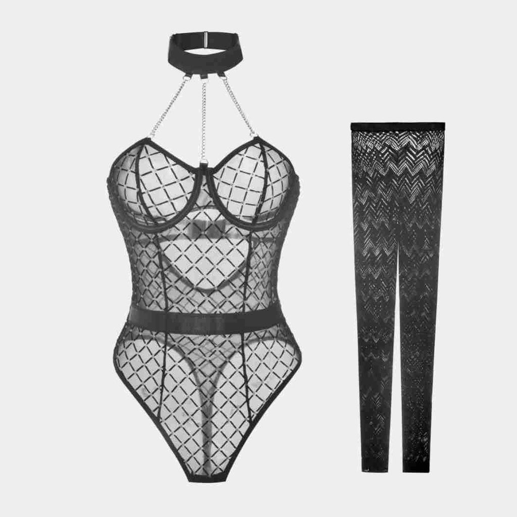 Sexy Lace See-through Metal Jumpsuit Stockings Suit