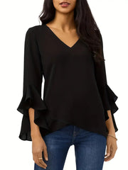 Solid Color and V-neck Flared 3/4 Sleeve Top