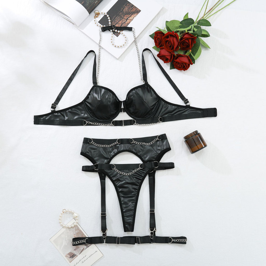 Seductive Patent Leather Metal Chain Gathering Bra Five-Piece Set